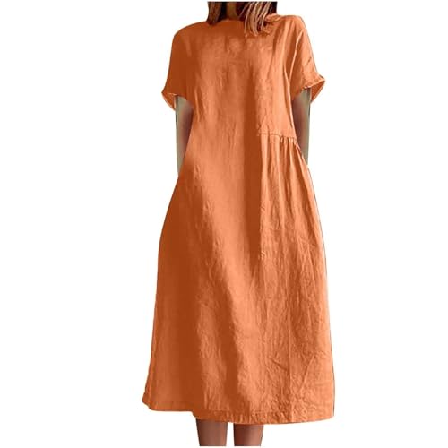 Sommerkleid Damen Lang Locker Midikleid Mit Taschen Elegant Kleider Damen Sommer Große Größen Kleid Midi A Linie Sommerkleider Frauen Leicht Und Luftig Kurzarm Strandkleid Baumwolle Leinen von FUPODD