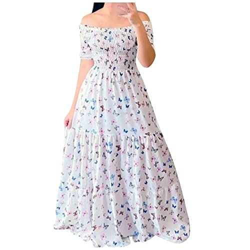 Sommerkleid Damen Lang Mit Ärmeln Prinzessin Gesmoktes Kleid Sommer Elegant Blumen Maxikleid Schulterfrei Sommerkleider Leicht Luftig Damenkleider A Linie Korsett Blumenkleid Frauen Schwingen von FUPODD