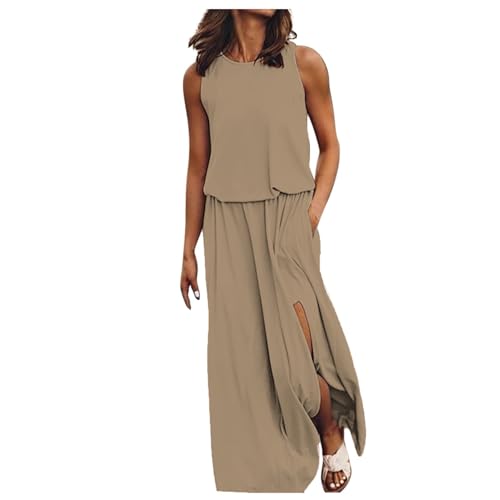 Sommerkleid Damen Lang Mit Schlitz Kleid Mit Taschen Ärmellos Maxikleid Sommer Elegant A Linie Kleider Maxi Schicke Sommerkleider Frauen Leicht Und Luftig Tailliert Freizeitkleider Rundhals von FUPODD