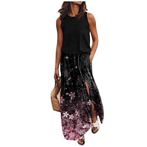 Sommerkleid Damen Lang Mit Schlitz Kleid Mit Taschen Ärmellos Maxikleid Sommer Elegant A Linie Kleider Maxi Schicke Sommerkleider Frauen Leicht Und Luftig Tailliert Freizeitkleider Rundhals von FUPODD