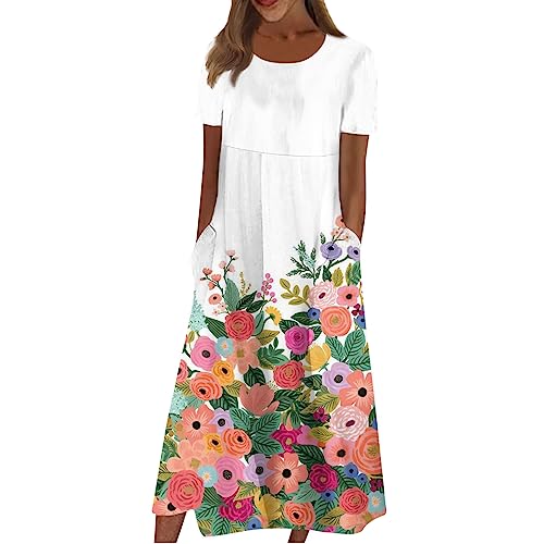 Sommerkleid Damen Lang Mit Taschen Sommerkleider Kurzarm Blumen Leichte Midi Kleider Sommer Leicht Kleider Elegant Strandkleid Frauen A Linie Luftige Boho Kleid Locker Damenkleider Casual von FUPODD