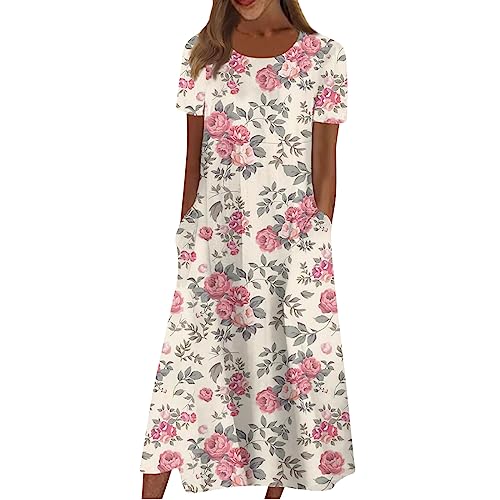 Sommerkleid Damen Lang Mit Taschen Sommerkleider Kurzarm Blumen Leichte Midi Kleider Sommer Leicht Kleider Elegant Strandkleid Frauen A Linie Luftige Boho Kleid Locker Damenkleider Casual von FUPODD
