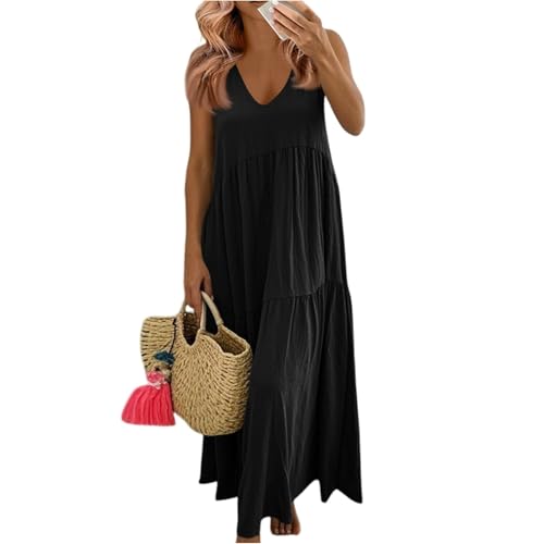 Sommerkleid Damen Lang Plissee A Linie Kleid Sommer Ärmellos Maxi Rüschen Sommerkleider Leicht Luftig Strandkleid V Ausschnitt Baumwolle Leinen Maxikleid Elegant Musselin Kleider Große Größen von FUPODD