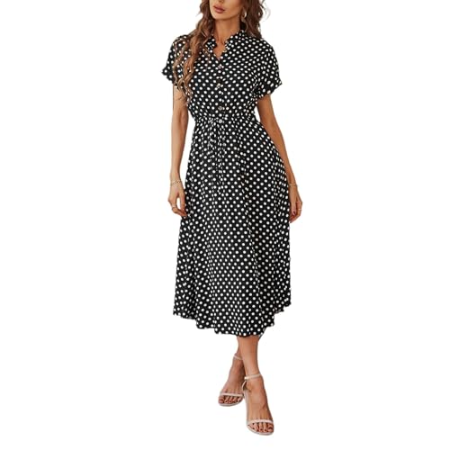 Sommerkleid Damen Lang Punkte Midikleid Damen Elegant A-Linien Kleider Sommer Gepunktet Kleid mit Knopfleiste Strandkleid Freizeit Sommerkleider Frauen Leicht Und Luftig Damenkleider Midi von FUPODD