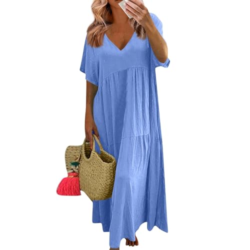 Sommerkleid Damen Lang Rüschen Leinenkleid Locker Elegant Sommerkleider Leicht Luftig Baumwolle Leinen Maxikleid Sommer Kurzarm Musselin Kleider Frauen A Linie Tunika Kleid Plissee Strandkleid von FUPODD