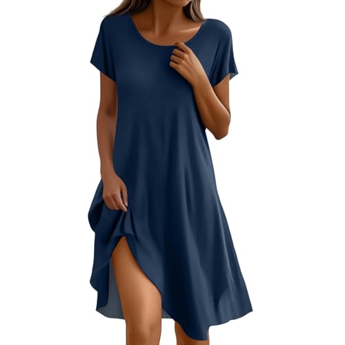 Sommerkleid Damen Leicht Freizeitkleider Damen Sommer Kurzarm Mit Taschen Kleid Sommerkleider Leicht Und Luftig Floral Lässig Elegantes Kleider Strand Mit Ärmel Strandkleid Einfarbig A-Linien von FUPODD