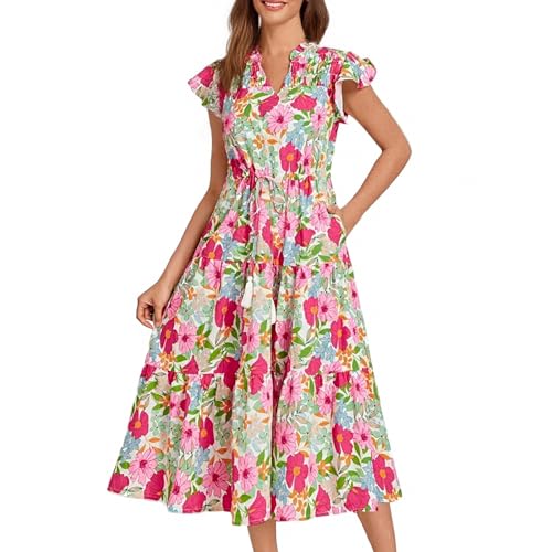 Sommerkleid Damen Leicht Lang Blumenkleid mit Taschen Strandkleid Flatterärmel Italienische Kleider Sommer Midi A Linie Sommerkleider Luftig Elegant Boho Kleid Blumen Rüschen V Ausschnitt von FUPODD