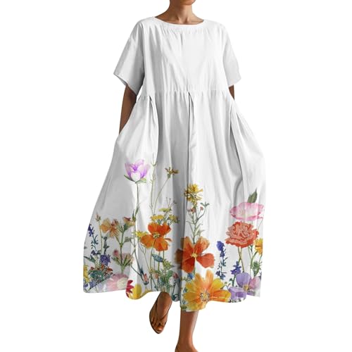 Sommerkleid Damen Leicht Midi Blumen Kleid Sommer Elegant Vintage Kleider Mit Taschen Luftige Sommerkleider Damen Leicht Und Luftig Strandkleid Frauen Kurzarm Oversize Midikleid Elegante von FUPODD