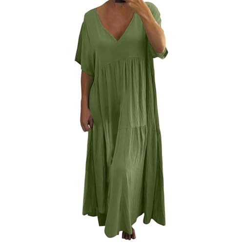 Sommerkleid Damen Leicht Schick Dünne Mollig Schöne Tunika Kleid Flatterndem Freizeitkleid Damen Verspielte Baumwolle Leinen Strand Ibiza Maxikleid Für Mollige Frauen Casual Dresses Lässig von FUPODD