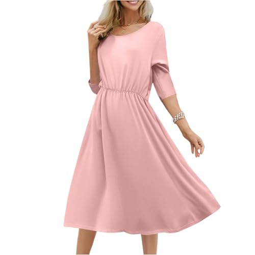 Sommerkleid Damen Midi A Linie Kleider Damen Sommer Lang Elegant Midikleid Einfarbig Sommerkleider Leicht Und Luftig Kleid 3/4 Ärmel Damenkleider Gummibund Rundhals Strandkleid Frauen Lässig von FUPODD