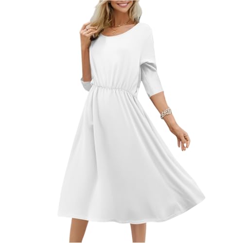 Sommerkleid Damen Midi A Linie Kleider Damen Sommer Lang Elegant Midikleid Einfarbig Sommerkleider Leicht Und Luftig Kleid 3/4 Ärmel Damenkleider Gummibund Rundhals Strandkleid Frauen Lässig von FUPODD