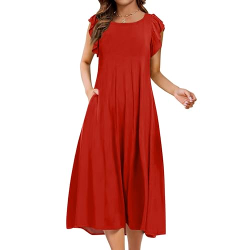Sommerkleid Damen Midi A Linie Kleider Sommer Elegant Lang Sommerkleider Damen Leicht Und Luftig Volantärmeln Strandkleid mit Taschen Locker Midikleid Frauen Lässig Kleid Einfarbig mit Ärmel von FUPODD