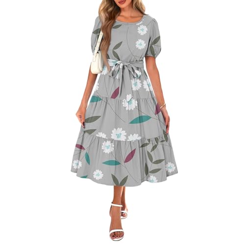 Sommerkleid Damen Midi A Linie Rüschen Midikleid Damen Elegant Blumenkleid Mit Gürtel Italienische Kleider Puffärmel Sommerkleider Leicht Und Luftig Boho Kleid Frauen Volant Strandkleid Party von FUPODD