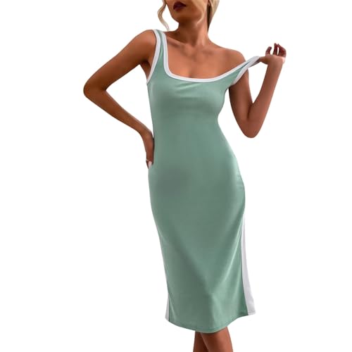 Sommerkleid Damen Midi Curvy Tank Kleid Ärmellos Sommerkleider Leicht Und Luftig Kleider Sommer Elegant Eng Midikleid Frauen U Ausschnitt Lang Strandkleid Breite Träger Strickkleid Farbblock von FUPODD