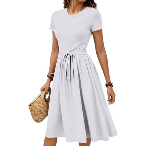 Sommerkleid Damen Midi Elegant Kleid A Linie Mit Schnürung Damenkleider Kurzarm Festliche Kleider Sommer Midikleid Frauen Strand Sommerkleider Leicht Luftig Freizeitkleid Plissee Schwingen von FUPODD