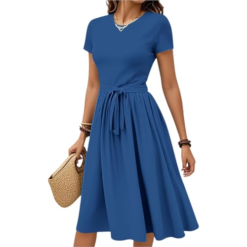Sommerkleid Damen Midi Elegant Kleid A Linie Mit Schnürung Damenkleider Kurzarm Festliche Kleider Sommer Midikleid Frauen Strand Sommerkleider Leicht Luftig Freizeitkleid Plissee Schwingen von FUPODD