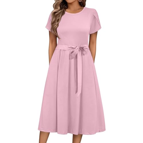 Sommerkleid Damen Midi Elegant Kleid Damen Sommer Lang A Linie mit Gürtel Sommerkleider Leicht Und Luftig Midikleid Frauen Kurzarm Damenkleider Casual Lange Kleider Einfarbig Strandkleider von FUPODD