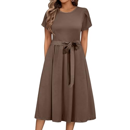 Sommerkleid Damen Midi Elegant Kleid Damen Sommer Lang A Linie mit Gürtel Sommerkleider Leicht Und Luftig Midikleid Frauen Kurzarm Damenkleider Casual Lange Kleider Einfarbig Strandkleider von FUPODD