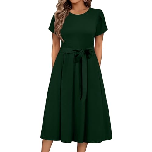 Sommerkleid Damen Midi Elegant Kleid Damen Sommer Lang A Linie mit Gürtel Sommerkleider Leicht Und Luftig Midikleid Frauen Kurzarm Damenkleider Casual Lange Kleider Einfarbig Strandkleider von FUPODD