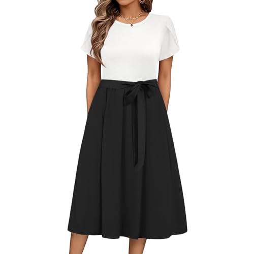 Sommerkleid Damen Midi Elegant Kleid Damen Sommer Lang A Linie mit Gürtel Sommerkleider Leicht Und Luftig Midikleid Frauen Kurzarm Damenkleider Casual Lange Kleider Einfarbig Strandkleider von FUPODD