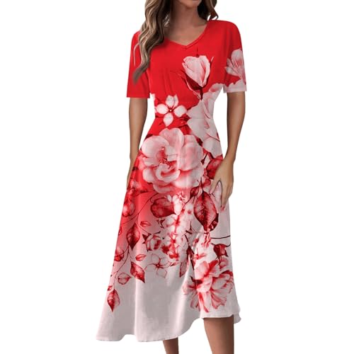Sommerkleid Damen Midi Kleider Sommer Elegant A Linie Sommerkleider Damen Leicht Und Luftig Kleid Schicke Damenkleider Elegante Strandkleid Kurzarm Freizeitkleider Hohe Taille Midikleid von FUPODD