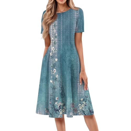 Sommerkleid Damen Midi Tshirt Kleider Sommer A Linien Boho Strandkleid Frauen Knielang Blumen Tunika Kleid Elegant Sommerkleider Leicht Und Luftig Midikleid Blumenmuster Freizeitkleid Vintage von FUPODD