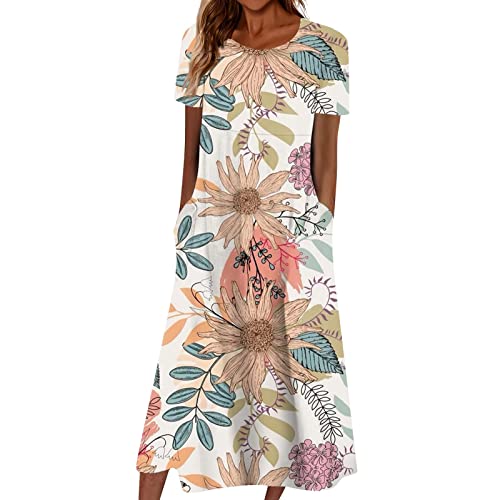 Sommerkleid Damen Mit Taschen Sommerkleider Kurzarm Blumen Leichte Midi Kleider Sommer Leicht Kleider Elegant Strandkleid Frauen A Linie Luftige Boho Kleid Locker Damenkleider Wadenlang von FUPODD