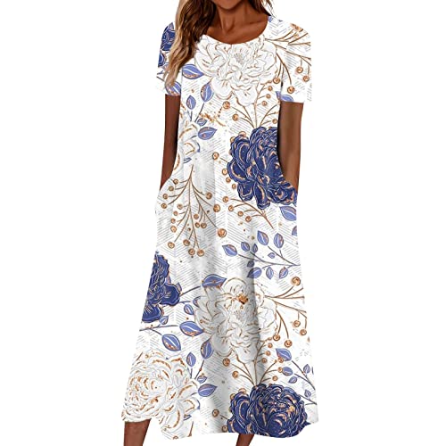 Sommerkleid Damen Mit Taschen Sommerkleider Kurzarm Blumen Leichte Midi Kleider Sommer Leicht Kleider Elegant Strandkleid Frauen A Linie Luftige Boho Kleid Locker Damenkleider Wadenlang von FUPODD