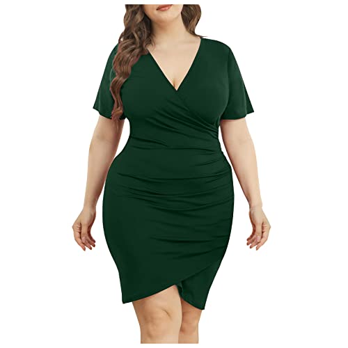 Sommerkleid Für Mollige Damen Große Größen Wickelkleid Curvy Kleid Sommer Cocktailkleid Elegant Kleider Frauen V Ausschnitt Sommerkleider Asymmetrisch Abendkleid Eng Ballkleid Kurz Etuikleid von FUPODD