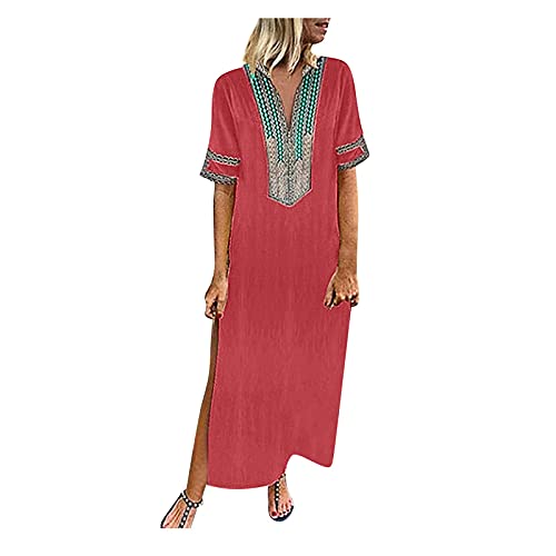 Sommerkleid Maxi Damen Kaftan V Ausschnitt Elegant Boho Kleid Frauen Kurzarm Locker Ibiza Kleider Lang Vintage Italienische Maxikleid Mit Schlitz Sommerkleider Leicht Und Luftig Strandtunika von FUPODD