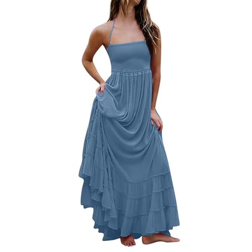 Sommerkleider Damen Elegant Lang Gesmoktes Kleid Ärmellos Rückenfrei Spaghettiträger Neckholder Strandkleid Rüschen A Linie Mit Gürtel Sommerkleid Frauen Leicht Luftig Kleider Schwingen Maxi von FUPODD