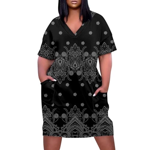 Sommerkleider Damen Große Größen Lang A Linie Kleid Sommer Knielang Halbarm Midikleid Elegant V Ausschnitt Sommerkleid Leicht Luftig Kleider Mit Taschen Übergröße Kleid Frauen Locker Mollig von FUPODD