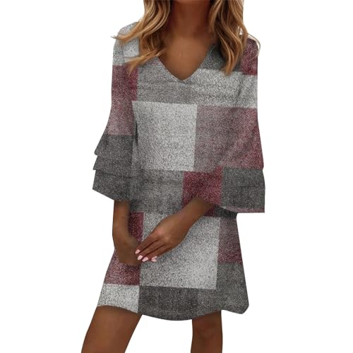 Sommerkleider Damen Leicht Boho Tunika Kleid Sommer Kurz Luftig Sommerkleid Elegant Kleider Frauen V Ausschnitt Italienische Blusenkleid Trompetenärmel 3/4-Arm Strandkleid Vintage Gemustert von FUPODD