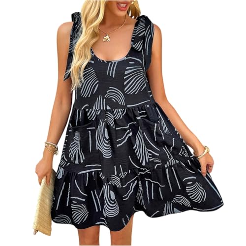 Sommerkleider Damen Leicht Und Luftig Ärmellos Kleid Sommer Kurz Rüschen A Linie Sommerkleid Elegant Mit Taschen Minikleid Weite Kleider Schnürung Muster Volant Strandkleid Frauen Freizeit von FUPODD