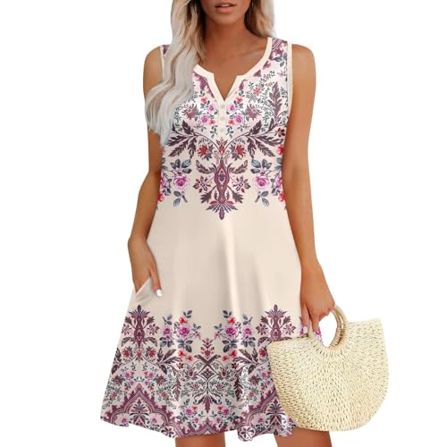Sommerkleider Damen Leicht Und Luftig Boho Kleid Kurz Ärmellos V Ausschnitt Sommerkleid Damen Elegant A Linie Mit Taschen Blumenkleid Sommer Knöpfe Kleider Bohemian Blumen Strandkleid Ibiza von FUPODD