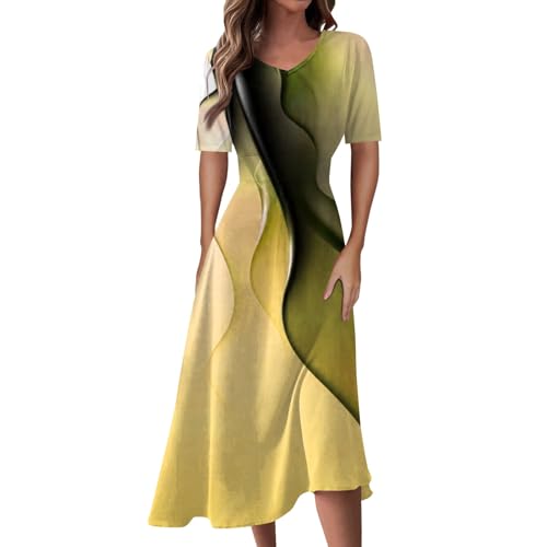 Sommerkleider Damen Leicht Und Luftig Dünne V Ausschnitt Maxikleid Vintage Muster Midikleid Elegant Lang Partykleid Frauen Mit Ärmeln Schwingen Sommerkleid A Linie Kurzarm Damenkleider Casual von FUPODD