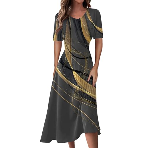 Sommerkleider Damen Leicht Und Luftig Dünne V Ausschnitt Maxikleid Vintage Muster Midikleid Elegant Lang Partykleid Frauen Mit Ärmeln Schwingen Sommerkleid A Linie Kurzarm Damenkleider Casual von FUPODD