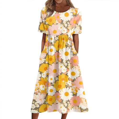 Sommerkleider Damen Leicht Und Luftig Kleider Damen Sommer Mit Taschen Sommerkleid Lang Kleid Elegant Strandkleid Strandkleider Damenkleider Hemdblusenkleid Mit Ärmeln Freizeitkleider A Linie von FUPODD