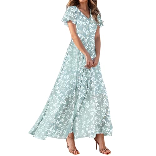 Sommerkleider Damen Leicht Und Luftig Maxikleid Damen Chiffon Elegant Sommerkleid Damen Lang Rüschen Blumenkleid V Ausschnitt Schick Kleider Damen A Linie Schwingen Strandkleid Schöne Freizeit von FUPODD