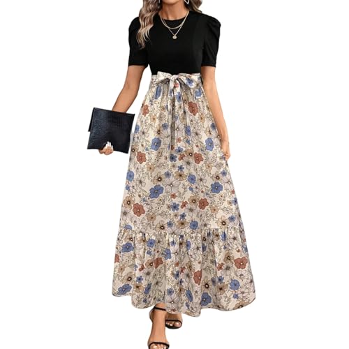 Sommerkleider Damen Leicht Und Luftig Schick Dünne Kleider Schöne Ibiza Freizeitkleider Strand Freizeit Lässig Oben Eng Unten Locker Rock Gummibund Freizeitkleid Round-Ausschnitt Freizeitrock von FUPODD
