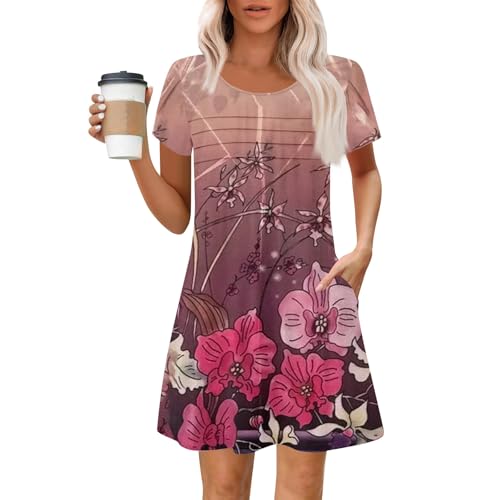 Sommerkleider Damen Leicht Und Luftig Shirtkleid Damen Sommer mit Taschen Tshirt Kleid Kurz A Linie Sommerkleid Frauen Elegant Kleider Kurzarm Blumen Damenkleider Freizeit Tshirtkleid Vintage von FUPODD