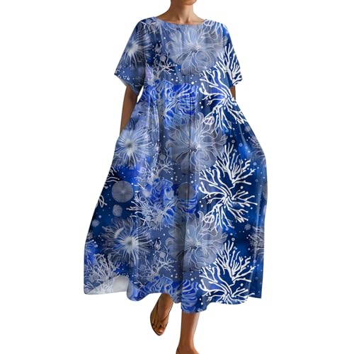 Sommerkleider Damen Leicht Und Luftig Sommerkleid Lang Elegant Locker Kleider Frauen Sommer Mit Taschen Maxikleid A Linien Strandkleid Blumen Große Größen Boho Tunika Kleid Kurzarm Freizeit von FUPODD