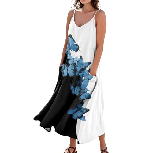 Sommerkleider Damen Leicht Und Luftig Spaghetti Träger Blumenkleid A-Linien Freizeitkleider Damen Sommer Hawaii Ibiza-Kleid Ärmellos Sommerkleid Elegantes Kleider Lockeres Strandkleid von FUPODD