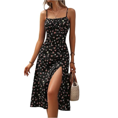 Spaghettiträger-Kleid Damen Korsett Geblümt Trägerkleid Sommer Midi Mit Schlitz Sommerkleid Lang Elegant Blumen Boho Sommerkleider Frauen Leicht Und Luftig Strandkleid Italienische Kleider von FUPODD