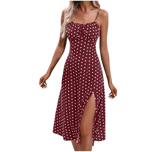 Spaghettiträger-Kleid Damen Punkte Sommerkleid Damen Midi Schlitz Sommerkleider Leicht Und Luftig Midikleid Frauen A Linie Trägerkleid Gepunktet Kleider Sommer Rückenfrei Strandkleid Party von FUPODD