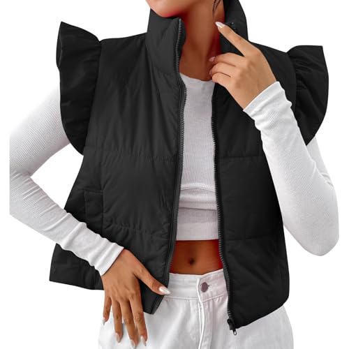 Steppweste Damen Kurz Steppweste Frauen Leicht Winter Damen Weste Reissverschluss Ärmellos Puffer Jacke Warm Outdoor Winterweste Rüschen Daunenweste Mit Taschen Elegant Westen Stehkragen von FUPODD