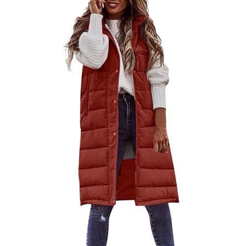 Steppweste Damen Lang Mit Kapuze Ärmellos Winterjacke Warm Westen Leichte Puff Weste Frauen Gesteppte Übergangsweste Casual Longweste Baumwolle Wattierte Jacke Wintermantel Reissverschluss von FUPODD