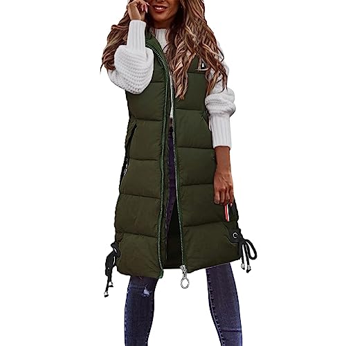Steppweste Damen Lang Mit Kapuze Rollkragen Puffer Weste Zipper Casual Lange Steppweste Frauen Dicke Daunenweste Ärmellos Winterjacke Warm Gesteppt Übergangsweste Mit Taschen Longweste von FUPODD