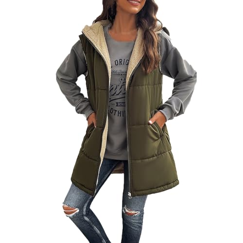 Steppweste Damen Mit Kapuze Daunenweste Mittellang Ärmellos Winterjacke Warm Gefüttert Fleeceweste Reissverschluss Leicht Teddy Weste Frauen Mit Taschen Winterweste Dicke Westen Pufferjacke von FUPODD