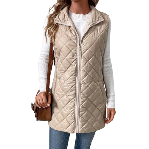 Steppweste Damen Mittellang Winter Leichte Weste Casual Ärmellos Winterjacke Warm Daunenweste Reissverschluss Steppweste Frauen Stehkragen Outdoorweste Winterweste Übergangsweste Mit Taschen von FUPODD